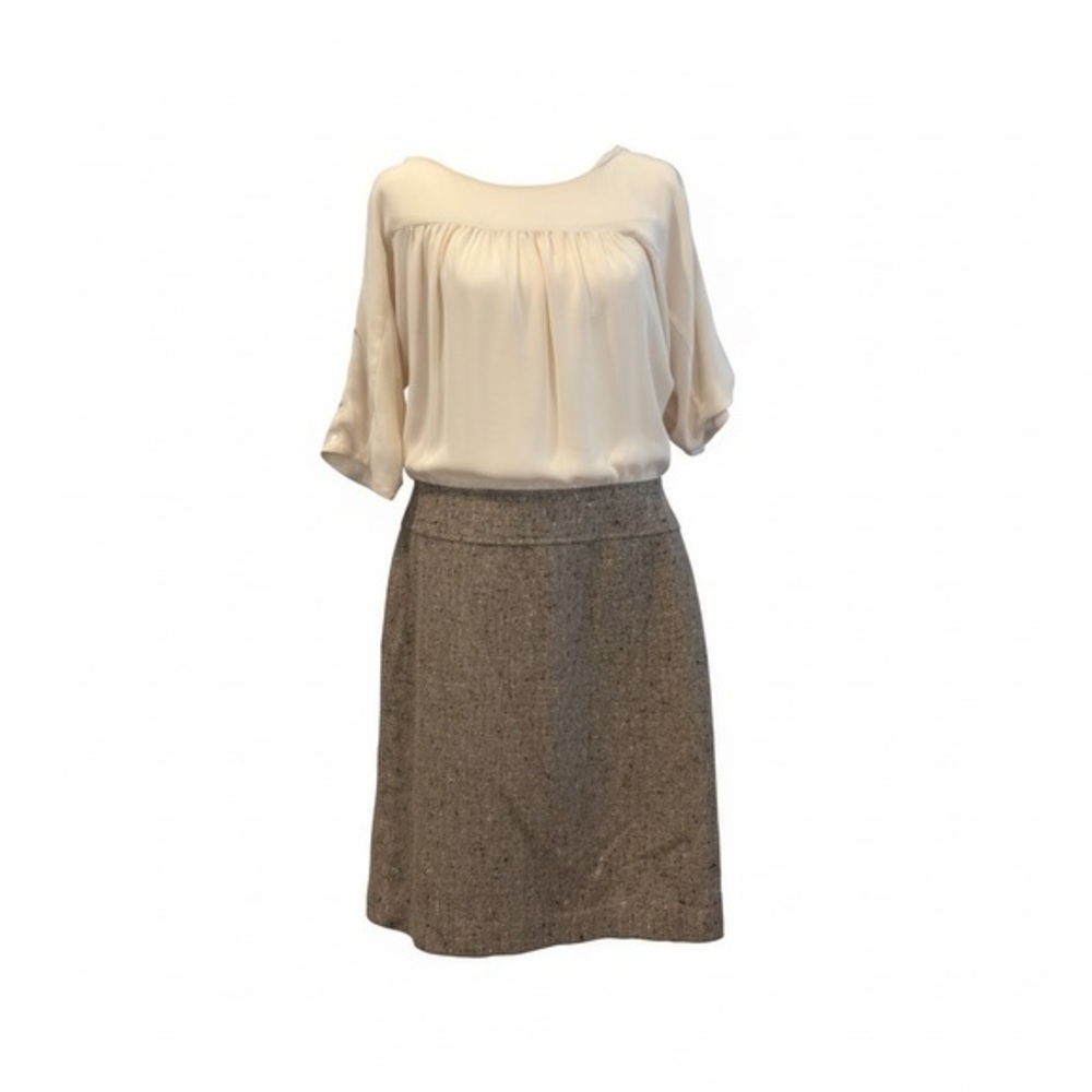 Loft Elegant Contrast Wool/Silk tan /Beige tweed dress size 12